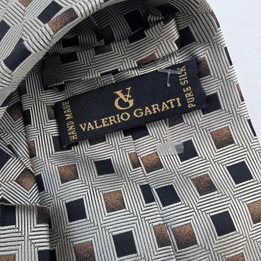 Valerio Garati Hand Made Pure Silk Geometric Square Pattern Tie Silver Bronze